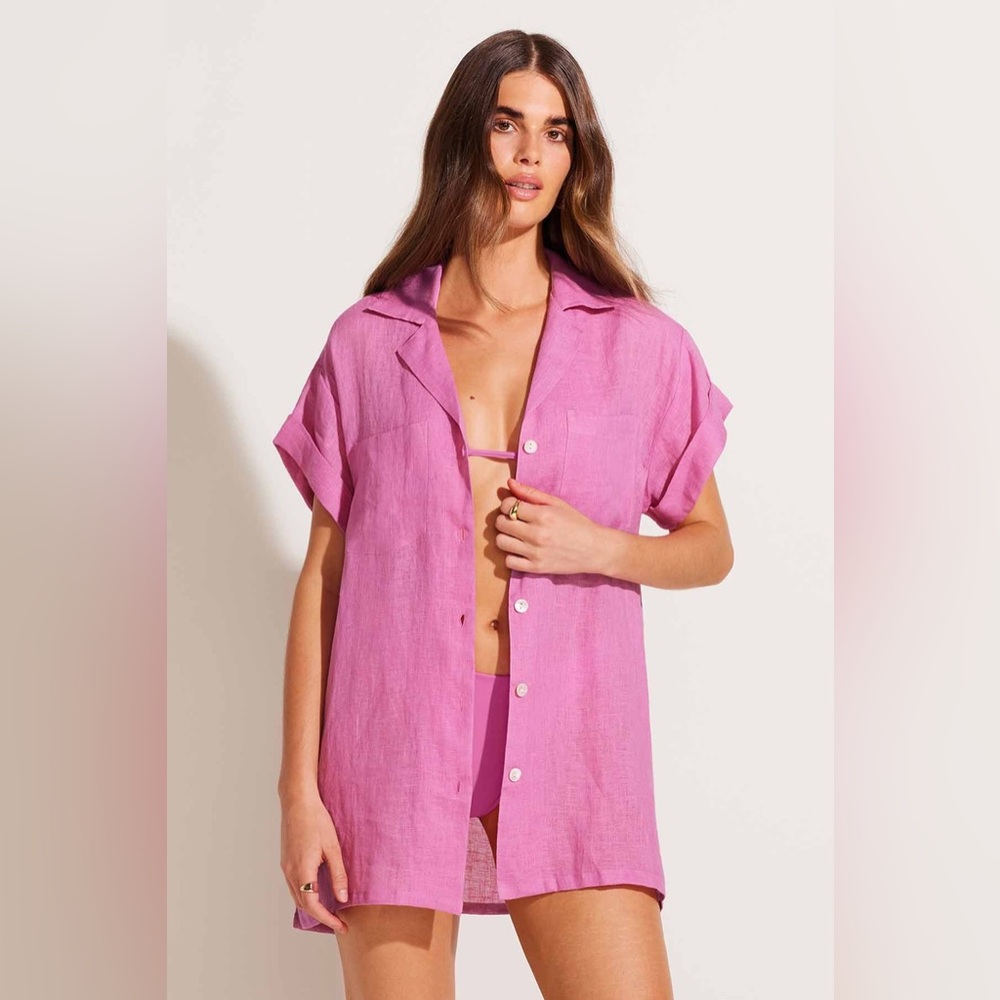 Vitamin A playa pocket short sleeve blouse bubblegum pink ecoLinen 100% linen XS